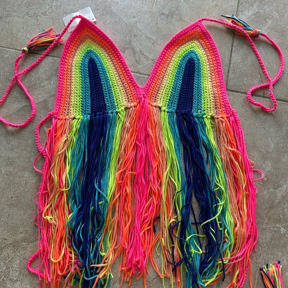 Rainbow Crochet Fringe Halter Top